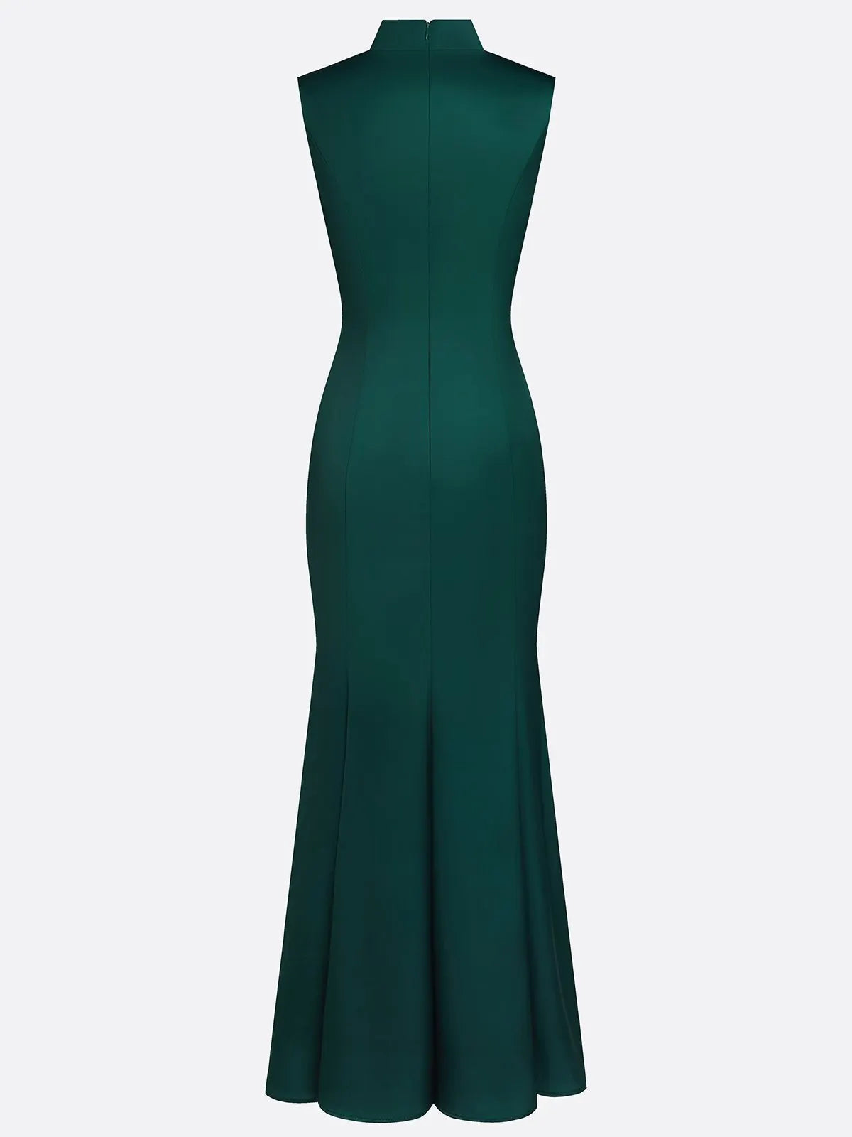 Dark Green Floral Hollow Out Satin Stand Collar Sleeveless Mermaid Gown Dress