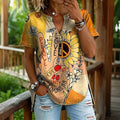 Women's Retro Hippie Sunflower Peace Print V-neck Short Sleeve Blouses