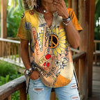 Women's Retro Hippie Sunflower Peace Print V-neck Short Sleeve Blouses