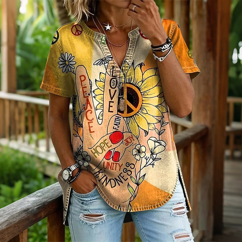 Women's Retro Hippie Sunflower Peace Print V-neck Short Sleeve Blouses