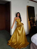 Black Satin Sweetheart Strapless Sleeveless Long A-Line Prom Dress With Pleated YK0695