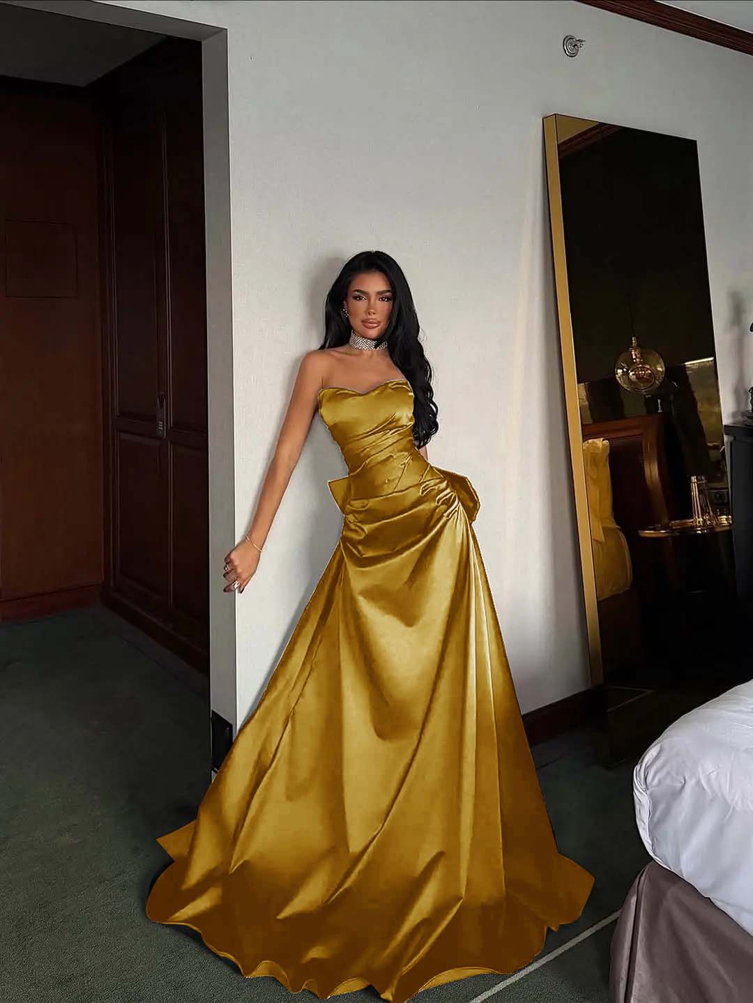 Black Satin Sweetheart Strapless Sleeveless Long A-Line Prom Dress With Pleated YK0695