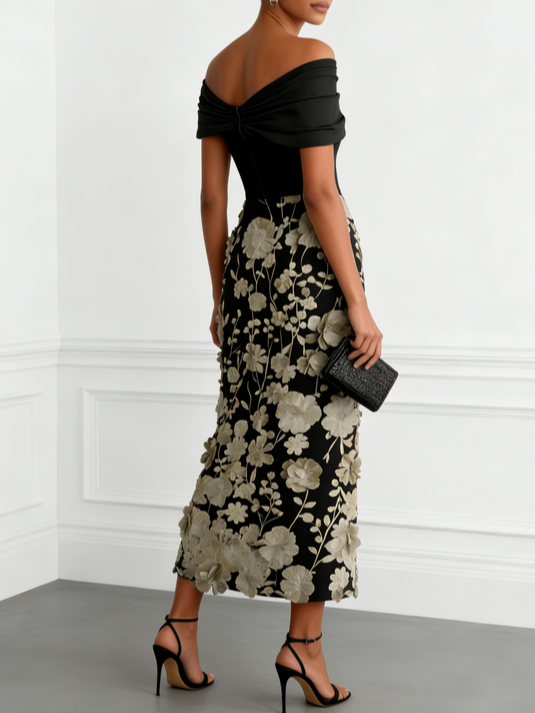 Black 3D Floral Applique Classic Off The Shoulder Short Sleeve Sheath Midi Dress