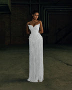 Cocoslly Strapless Sleeveless High Waist Long Prom Dress | Silver White Beading Pearls YK1253