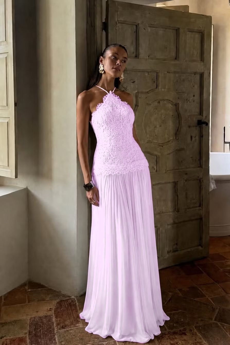 Cocoslly Halter Sleeveless High Waist Long Prom Dress With Appliques | White Chiffon YC0560