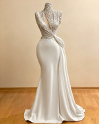 Cocoslly High Neck Sleeveless High Waist Long Mermaid Prom Dress With Sequins | Green Satin ZC0388