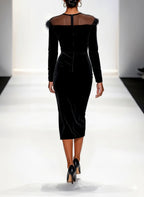Black Feather-trimmed Mesh Velvet Crew Neck Long Sleeve Sheath Midi Dress