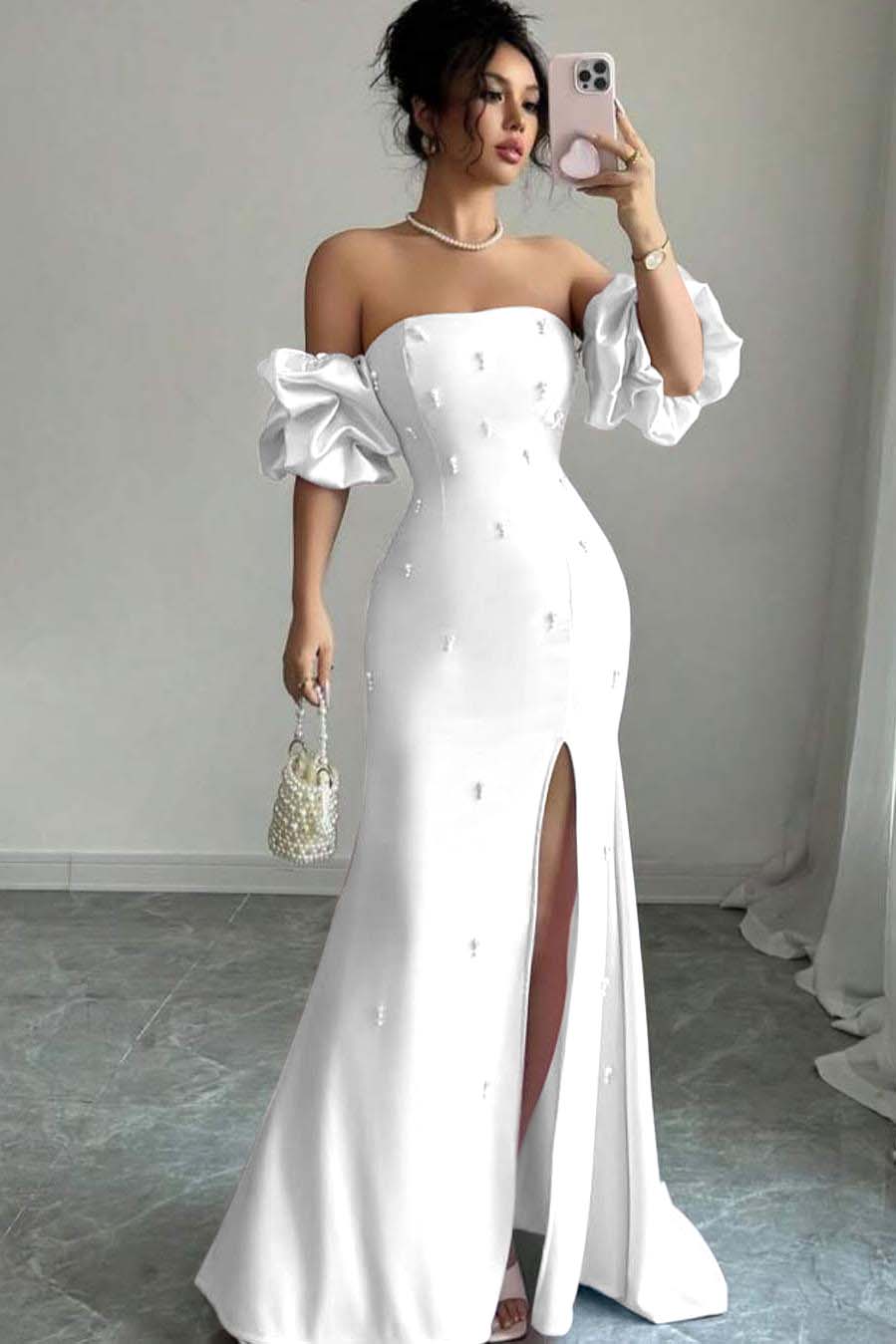 Strapless Bubble Sleeves Long Split Prom Dress With Beading WQ0027