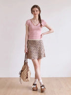 Pink lace-trimmed V-neck T-shirt