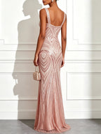 Light Pink Sequin Square Neck Sleeveless Mermaid Floor-length Gown Dress