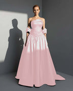 Satin Asymmetric Strapless Sleeveless Long Pleated A-Line Prom Dress With Beadings And Ruffles YK0766
