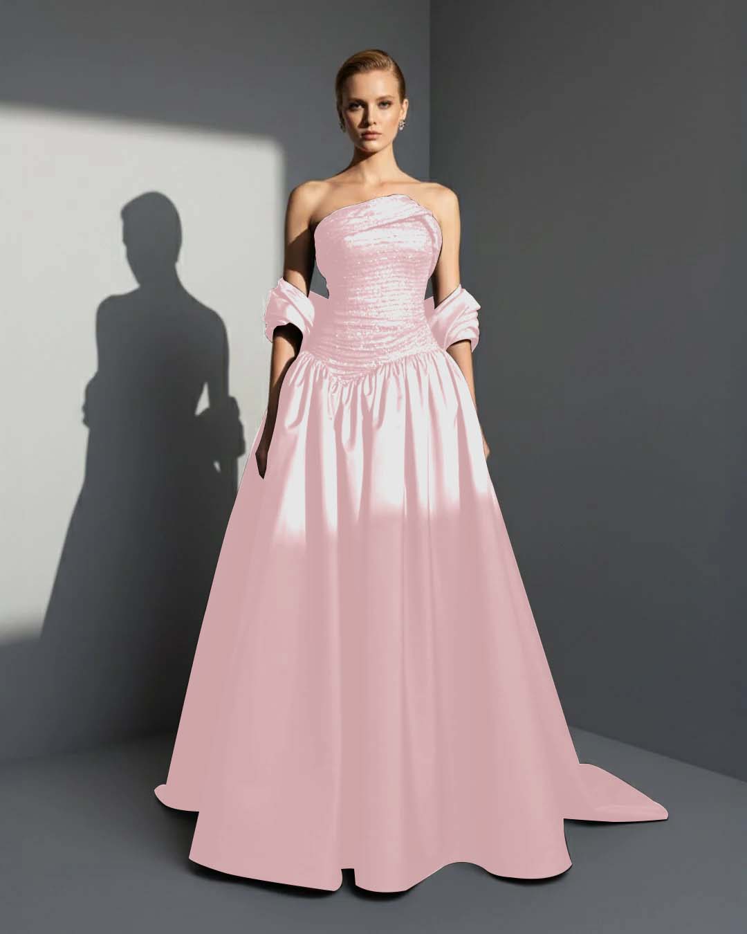 Satin Asymmetric Strapless Sleeveless Long Pleated A-Line Prom Dress With Beadings And Ruffles YK0766