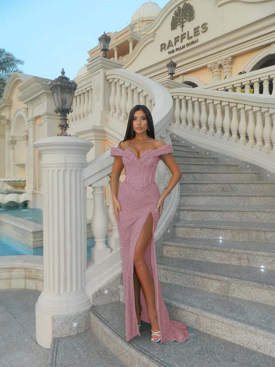 Sweetheart Off-The-Shoulder Sleeveless Long Mermaid Prom Dress With High Split And Sequins YK0714