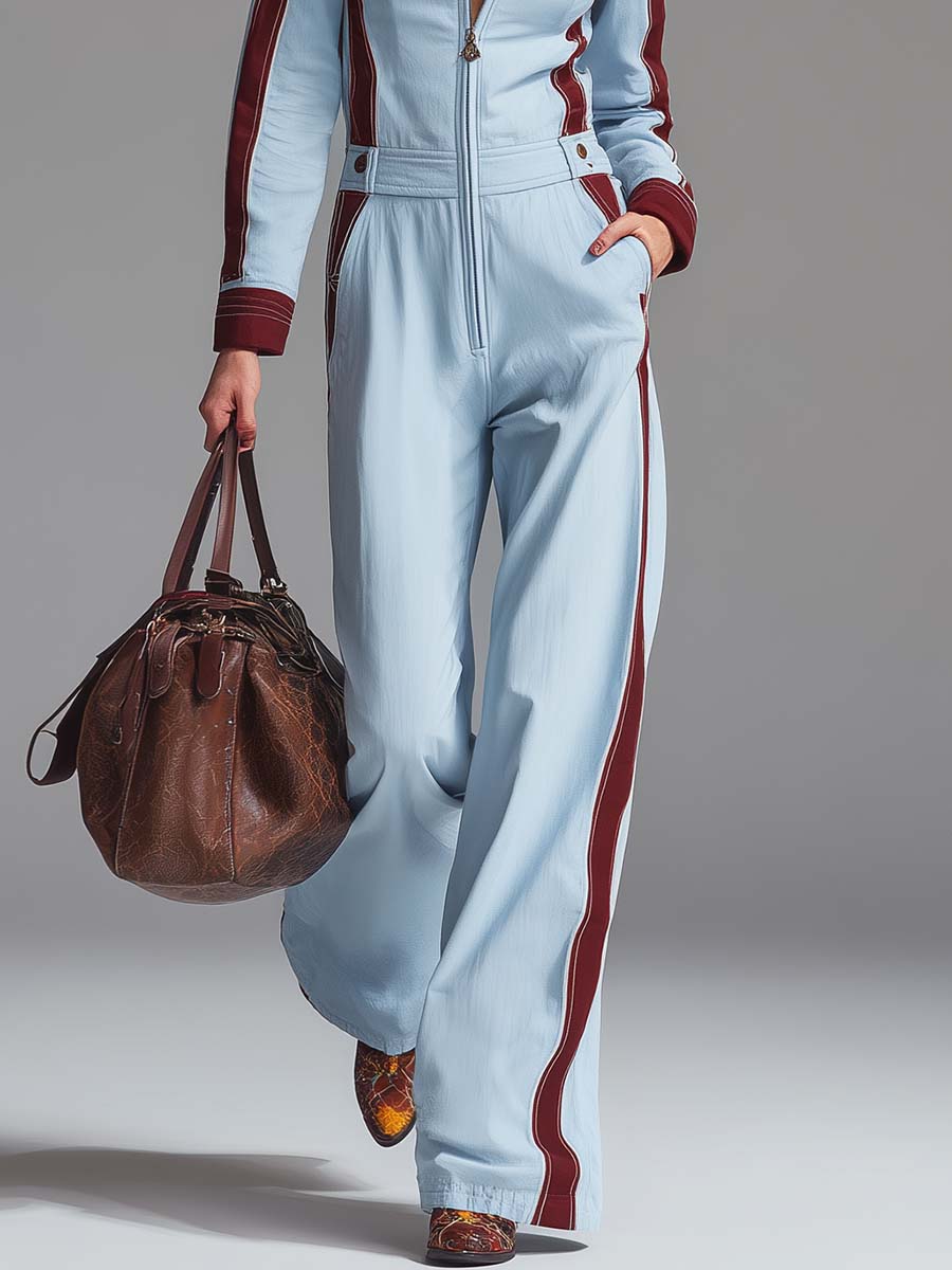 Retro Racing Powder-Blue And Burgundy Colorblock Zip-Front Wide-Leg Cotton Jumpsuit