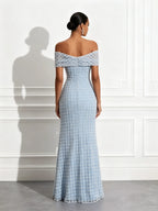 Light Blue Beaded Sequin Off The Shoulder Short Sleeve Mermaid Floor-length Gown Dress