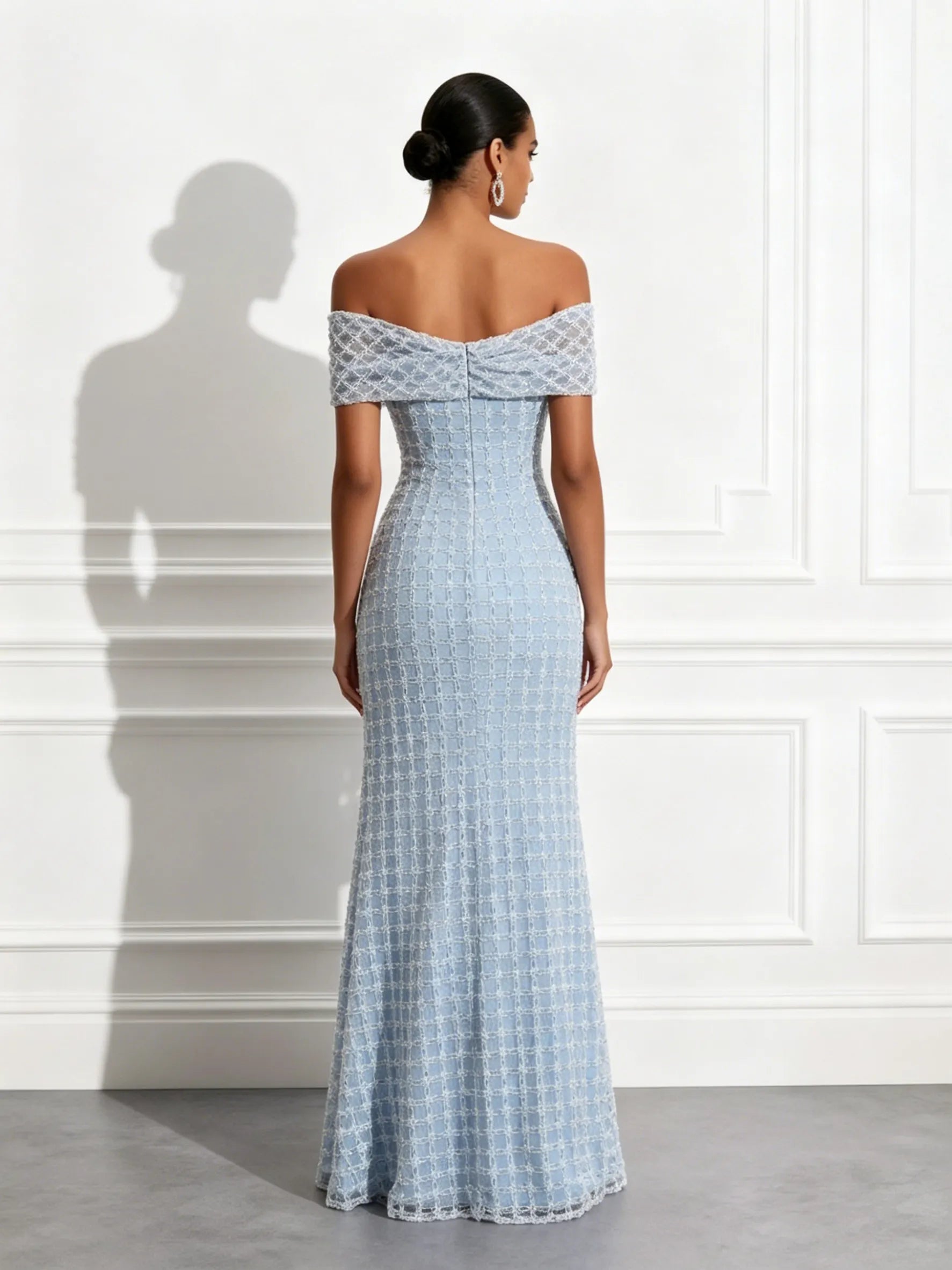 Light Blue Beaded Sequin Off The Shoulder Short Sleeve Mermaid Floor-length Gown Dress