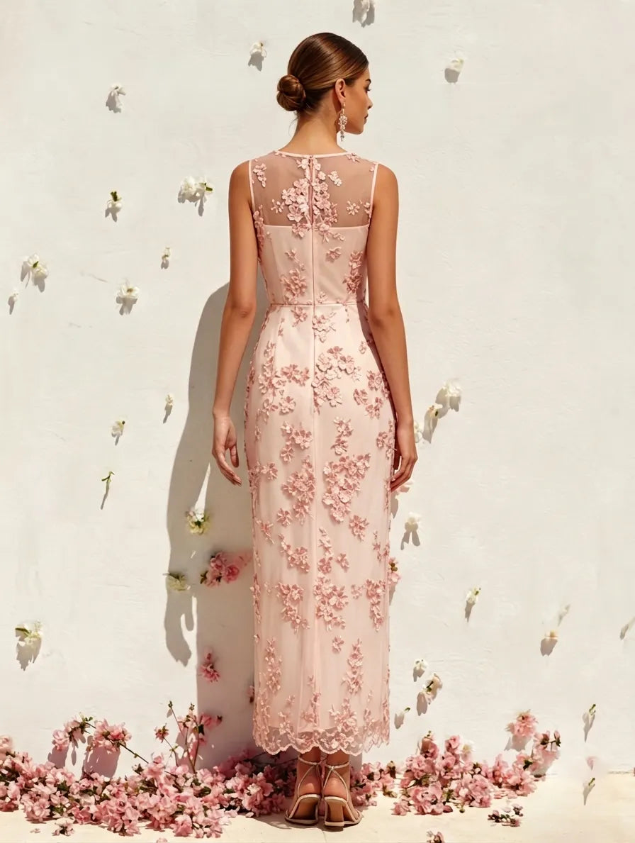 Pink Lace Embroidery Applique Crew Neck Sleeveless Sheath Maxi Dress