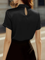 Sophisticated White Satin Blouse with Modern Keyhole Neckline