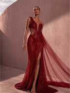 Cocoslly One Shoulder Sleeveless High Waist Long Split Prom Dress With Beading Pearls | Dusty Rose Tulle LX0088