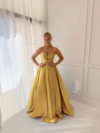 Satin V-Neck Strapless Sleeveless Long A-Line Prom Dress With Pleated And Rhinstone YK0706