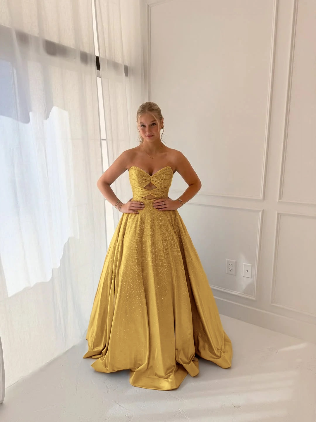 Satin V-Neck Strapless Sleeveless Long A-Line Prom Dress With Pleated And Rhinstone YK0706
