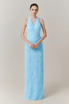Cocoslly Halter Sleeveless High Waist Long Prom Dress With Tassel | Blushing Pink Feather JZ0095