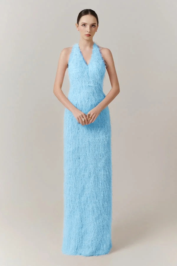 Cocoslly Halter Sleeveless High Waist Long Prom Dress With Tassel | Blushing Pink Feather JZ0095