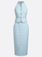 Women Blue Tweed Buckle Rhinestone Turtleneck Sleeveless Dressy Top With Skirt Two-Piece Set