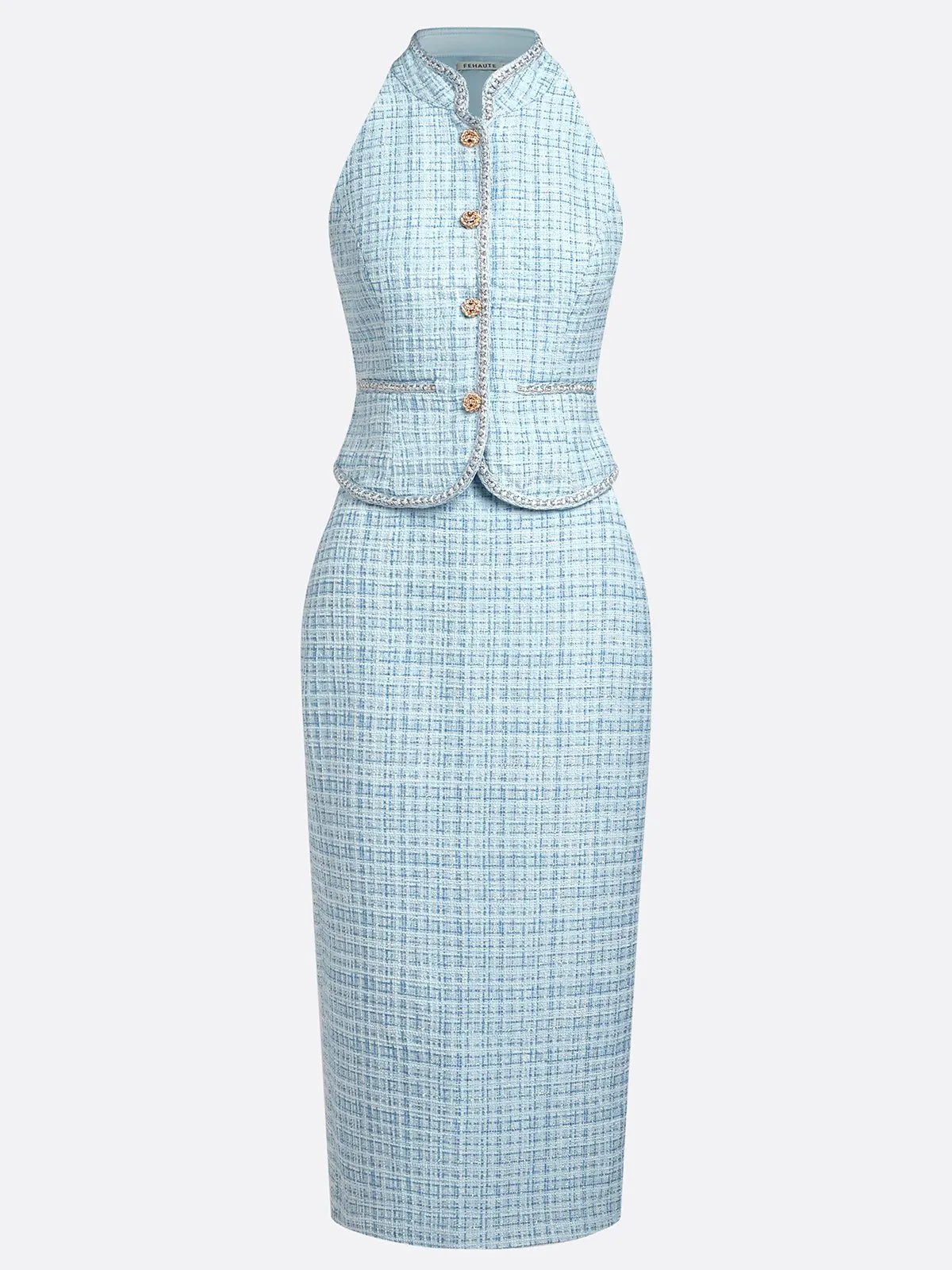 Women Blue Tweed Buckle Rhinestone Turtleneck Sleeveless Dressy Top With Skirt Two-Piece Set