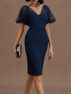 Purplish Blue Mesh Classic V Neck Short Sleeve Puff Sleeve Sheath Midi Dress