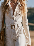 Vintage-style Western White Faux-suede Collared Fringe Jumpsuit