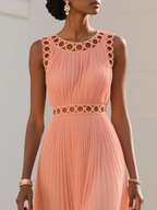 Orange Hollow Out Pleated Chiffon Crew Neck Sleeveless A-Line Maxi Dress