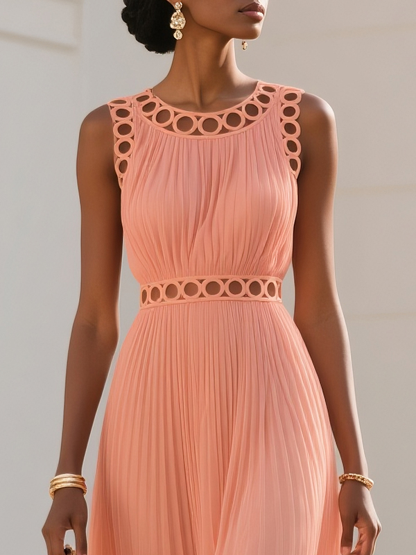 Orange Hollow Out Pleated Chiffon Crew Neck Sleeveless A-Line Maxi Dress