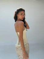 Cocoslly Strapless Sleeveless High Waist Long Mermaid Prom Dress | Creme Yellow Satin And Sequins YC0568