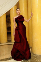 Satin And Tulle Asymmetric Strapless Sleeveless Long Pleated A-Line Prom Dress With Flowers And Ruffles WQ0642