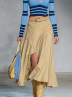 Retro Blue Striped Polo Knit Top And Khaki Maxi Skirt Set