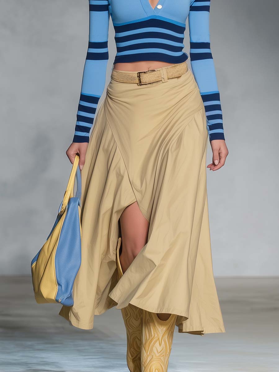Retro Blue Striped Polo Knit Top And Khaki Maxi Skirt Set
