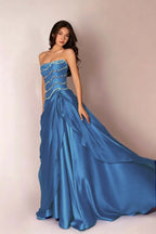 Cocoslly Strapless Sleeveless High Waist Long Prom Dress With Rhinstone And Beading Pearls | Baby Blue Satin LR0577