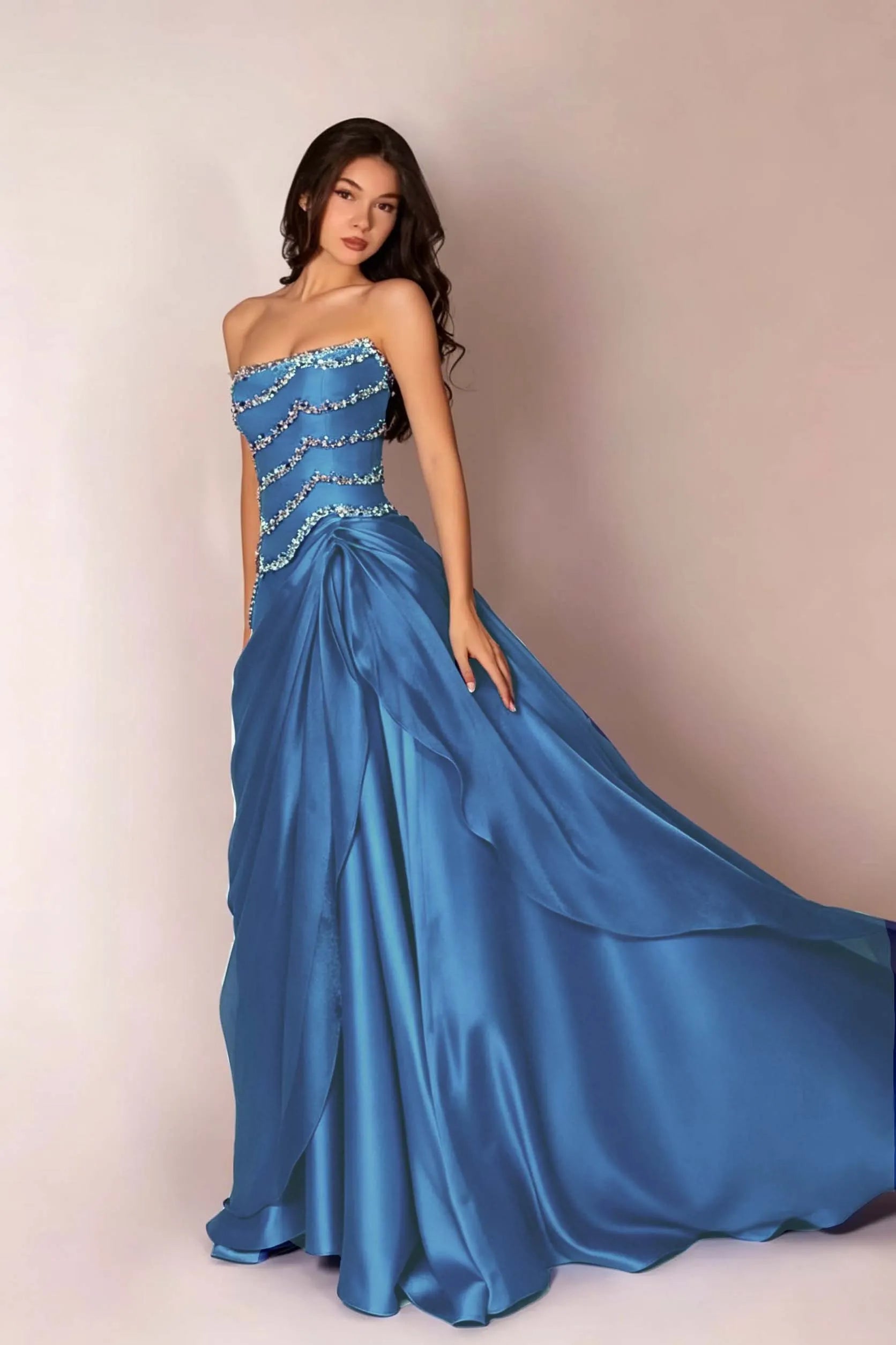Cocoslly Strapless Sleeveless High Waist Long Prom Dress With Rhinstone And Beading Pearls | Baby Blue Satin LR0577