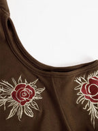 High-neckoff-shoulder Rose-embroidered All-cotton Long-sleeved T-shirt