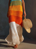 Breathable Vacation Halter-Neck Lightweight Striped Knit Maxi Dress