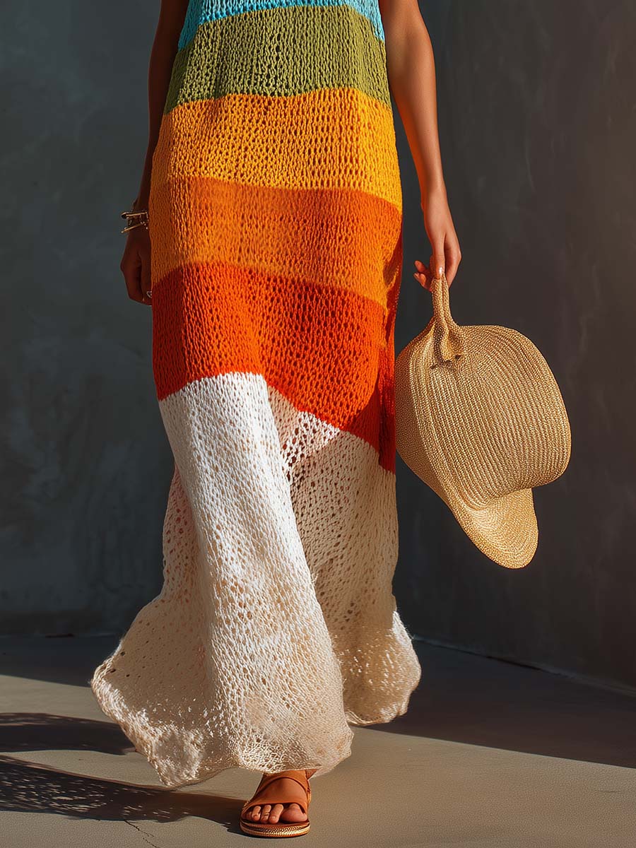 Breathable Vacation Halter-Neck Lightweight Striped Knit Maxi Dress