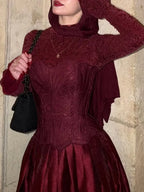 Cocoslly High Neck Long Sleeves High Waist Long Prom Dress With Hat | Burgundy Satin LR0513