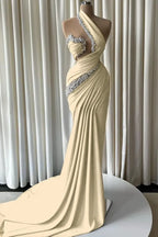 Cocoslly One Shoulder Sleeveless High Waist Long Mermaid Prom Dress With Pearls | Dusty Blue Satin JZ0162