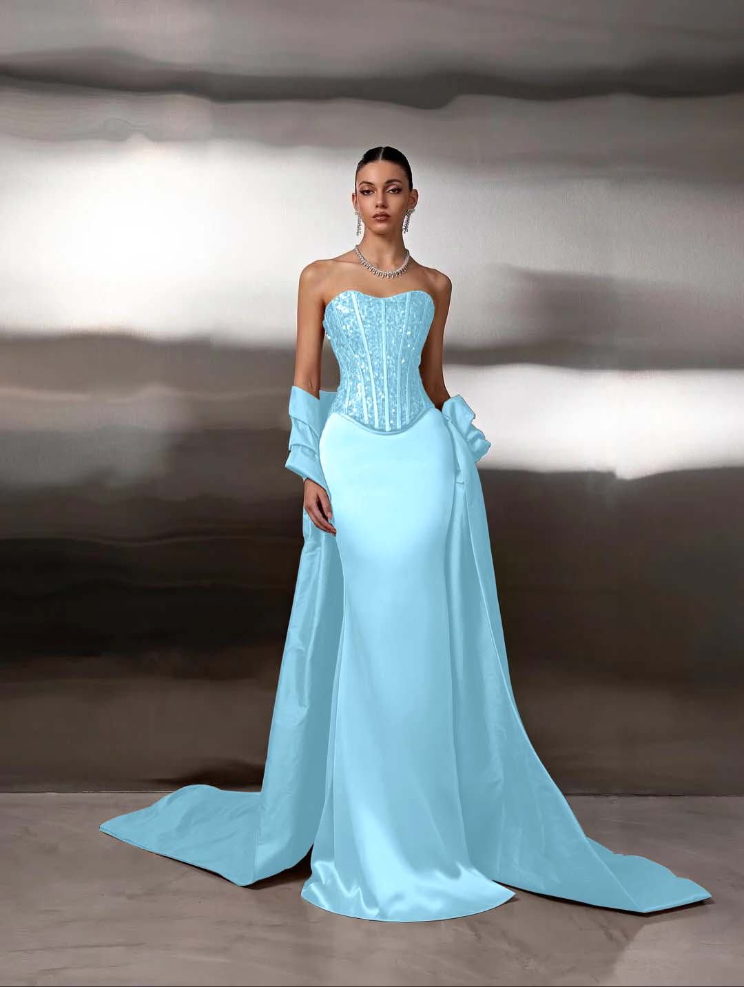Satin Strapless Sleeveless Long Mermaid Prom Dress With Ruffles And Sequins YK0759