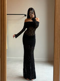 Cocoslly Off-The-Shoulder Long Sleeves High Waist Long Mermaid Prom Dress | Black Chiffon CO0125