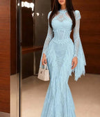 Cocoslly Long Sleeves High Waist Long Mermaid Prom Dress With Ruffles | White Lace JZ0164