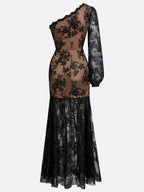 Black Embroidery Lace One Shoulder Long Sleeve Mermaid Maxi Dress