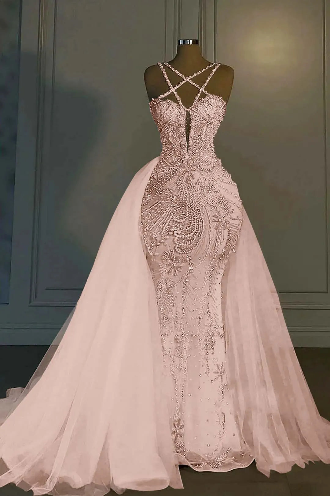 Cocoslly Halter Sleeveless Long Mermaid Prom Dress With Sequins Beadings And Tulle Ruffle | Ivory Tulle YL0335