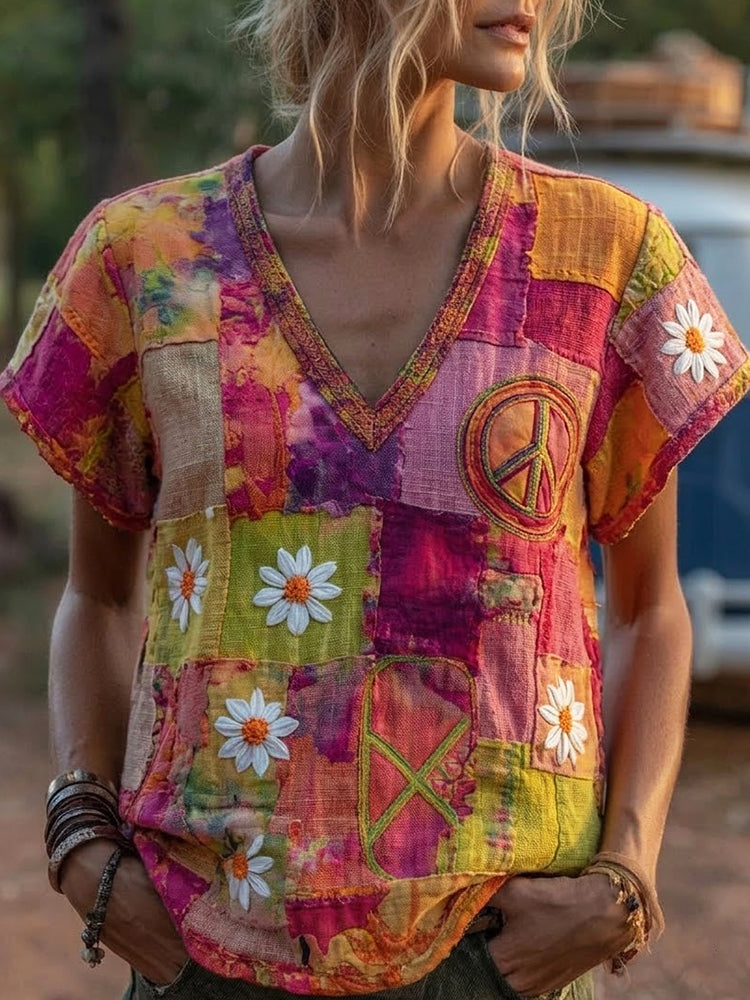 Vintage Hippie Peace Daisy Floral Patchwork Print Linen T-shirt